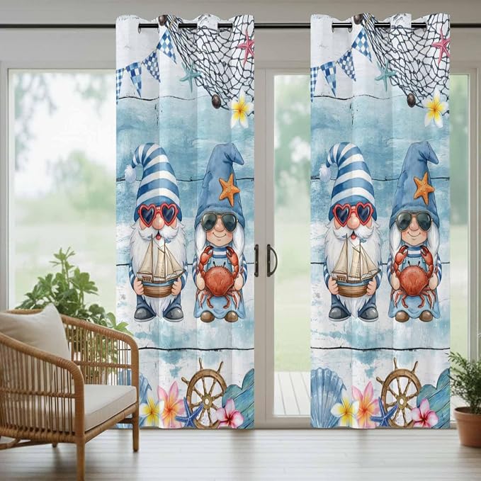 Ocean Gnome Outdoor Curtains for Patio Summer Marine Plumeria Shell Wood Blue - Image 6