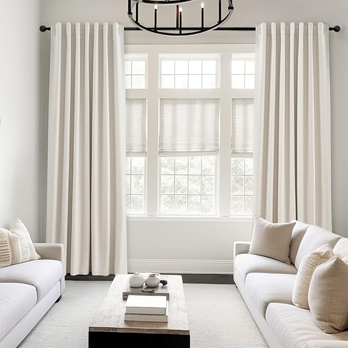 Topfinel 105 Inches Long Custom Black Out Faux Thick Linen Drapery Two Panels, Cream White Back Tab Rod Pocket Rustic Ivory Curtains, Pleated Curtains, Outdoor Patio Curtains Winter Christmas Decor