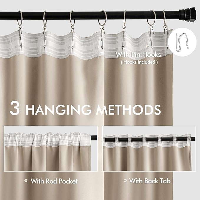 MIULEE Taupe Back Tab Blackout Curtains 108 Inch Long 2 Panels Set for Bedroom, Rod Pocket/Pinch Pleat Extra Long Thermal Insulated Living Room Darkening Pleated Light Blocking Drapes