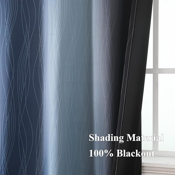Estelar Textiler Navy Blue and Black Ombre Blackout Curtains 63 Inch Length 2 Panels Set, Full Room Darkening Grommet Curtains for Bedroom, Thermal Insulated Light Blocking Gradient Drapes,52Wx63L