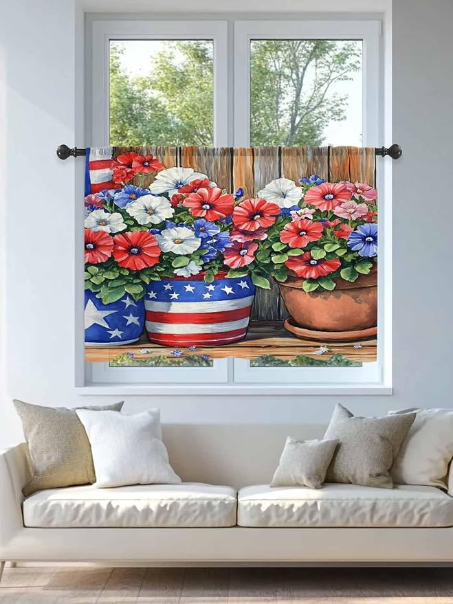Sheer Curtains 45 Inch Length, Retro Independence Day Flag Wood Grain Privacy - Image 4