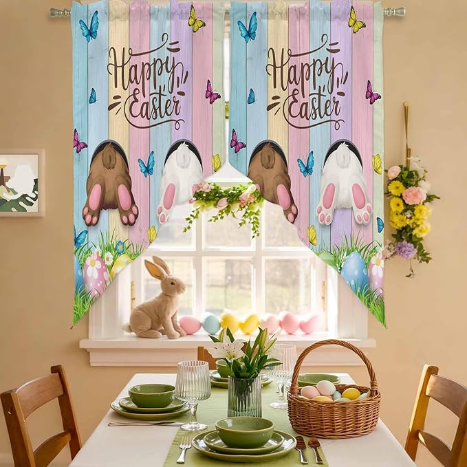 Swag Curtain Valances for Kitchen Windows, Happy Easter Rabbit Butt Egg on - Image 2