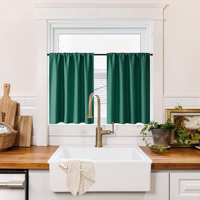 RYB HOME 100% Blackout Basement Curtains 30 inches Long, Heat & UV Blocking Total Room Darkening Noise Reducing Curtains for Bathroom RV Campers, Dark Green, 2 Panels Set