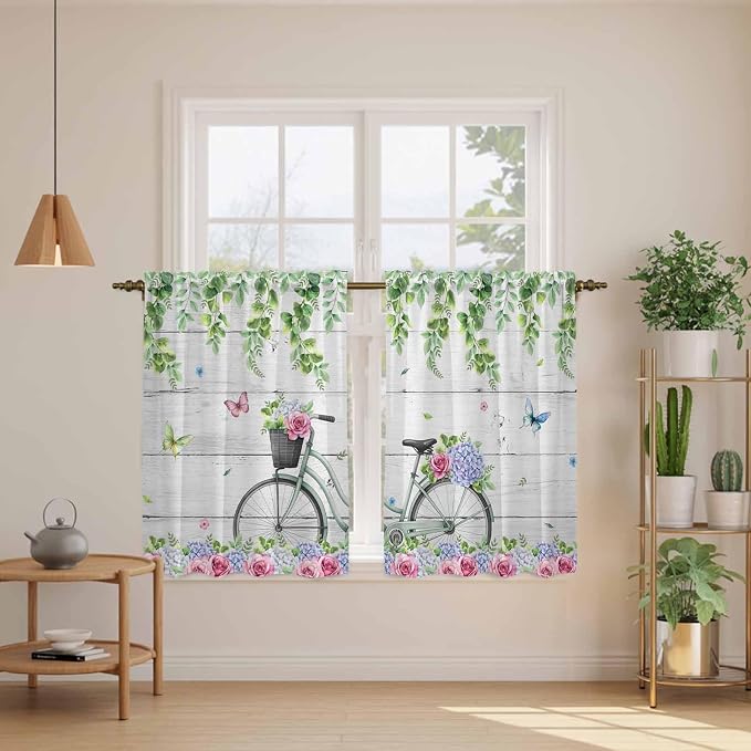 Spring Kitchen Curtains, Bicycles Botanical Rose Leaves Butterfly Wood Grain - Image 3