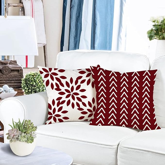 YCOLL Christmas Pillow Covers 16x16 Set of 4, Modern Sofa Throw Pillow Cover for Christmas Decor, Decorative Outdoor Linen Fabric Pillow Case for Couch Bed Car, Wine Red