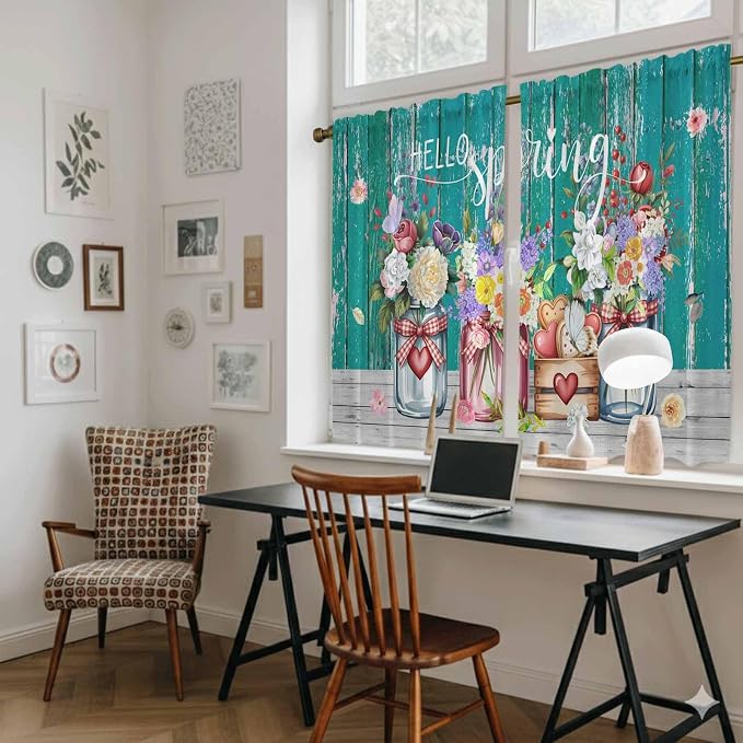 Spring Flowers Kitchen Curtains, Farmhouse Watercolor Teal Wood Grain Light - Image 6