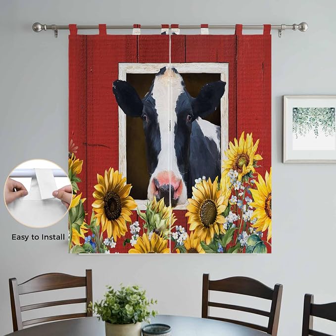 Cow Sunflowers Living Room Curtains 84 Inch Length, Window Curtains Tab Top - Image 4