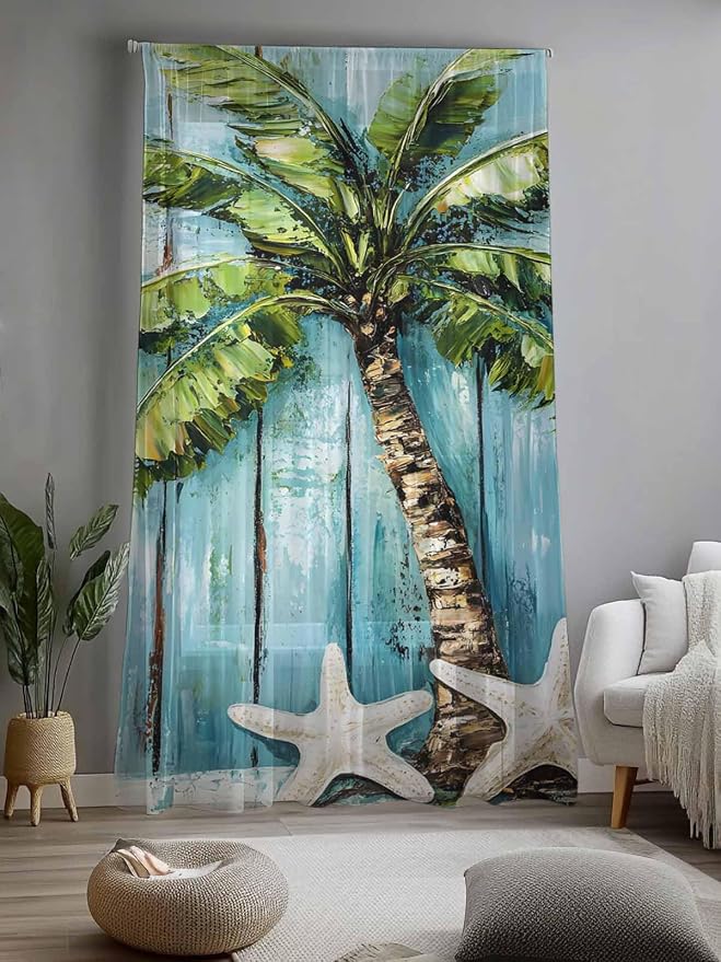 Sheer Curtains 108 Inches Long, Coastal Beach Starfish Semi Sheer Curtains - Image 2