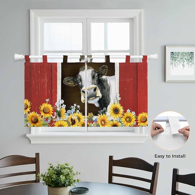 Cows Sunflowers Kitchen Curtains 24 Inch Length, Small Window Curtains Tab Top - Image 4