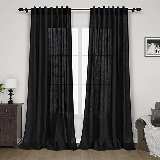 Solid Black Curtains 96 Inches Long 2 Panel Set Back Tab Sheer Black Linen Curtain Modern Farmhouse Muslin Look Cotton Textured Gauze Curtains 96 inch Length for Patio Sliding Door Office Bedroom