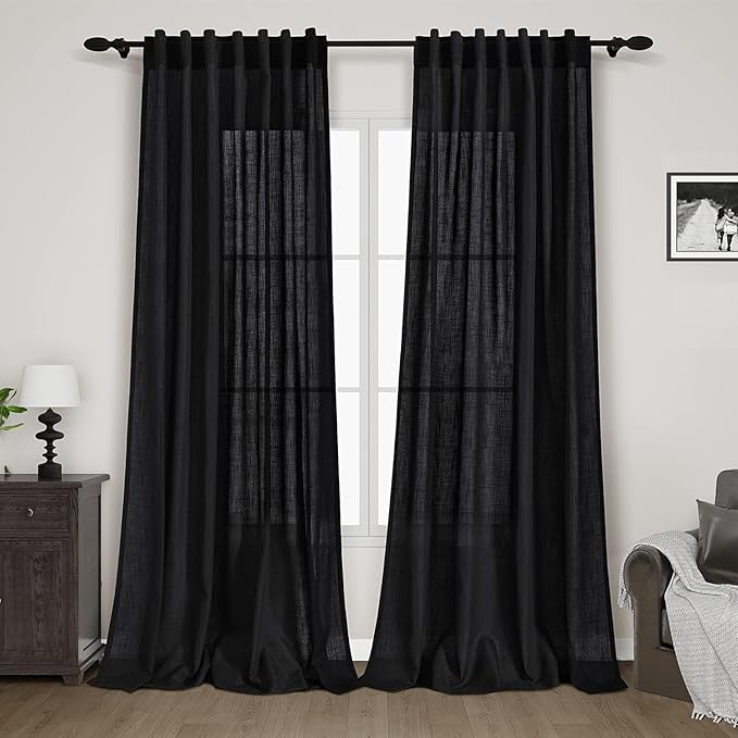 Extra Long Black Curtain 108 inches Long 2 Panels Set for Living Room Back Tab Modern Farmhouse Muslin Look Decor Cotton Textured Sheer Linen Curtains 108 inch Length for Large Window 9 FT Tall