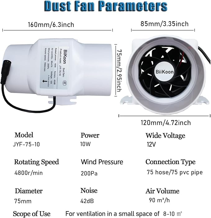 3 Inch 53 Cfm Inline Duct Ventilation Fan HVAC Exhaust Intake Fans 12V 10W Vent - Image 2
