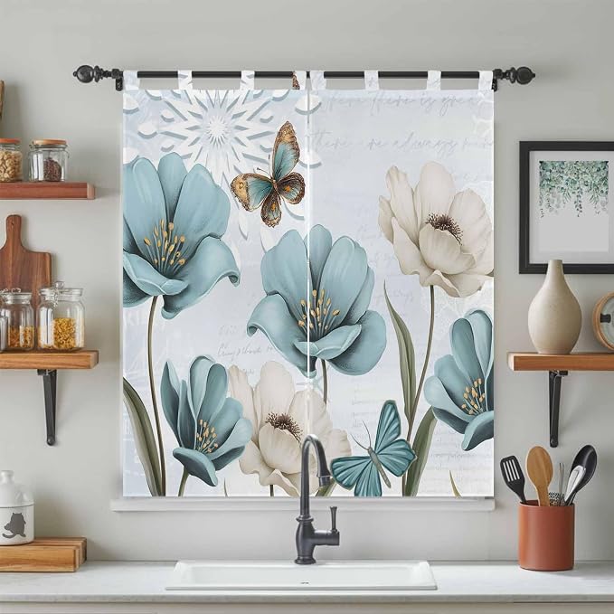 Blue Tulips Bedroom Curtains 72 Inch Length, Window Curtains Tab Top, - Image 3