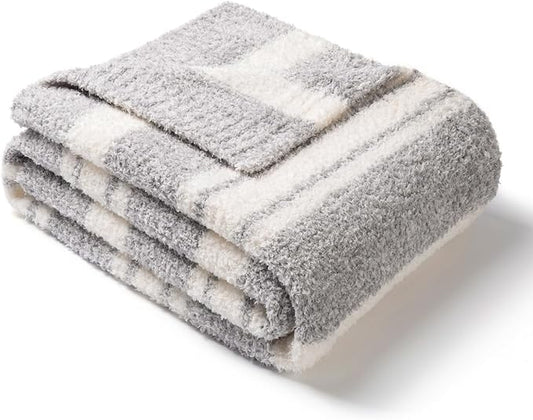 Snuggle Sac Queen Size Bedding Blankets, Super Soft Warm Blankets Cozy Knit Fuzzy Oversized Blankets for Bed, Stripe Grey, 90"x90"