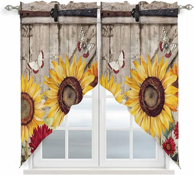Sunflowers Swag Valances for Windows, Retro Flower Barn Doors Butterfly by Unknown