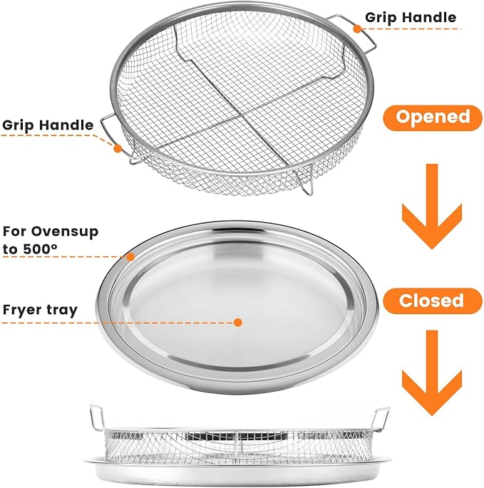 Air Fryer Basket for Oven, 2 Pieces Set Round Silver 12.9'' Non-stick Stainless - Image 5