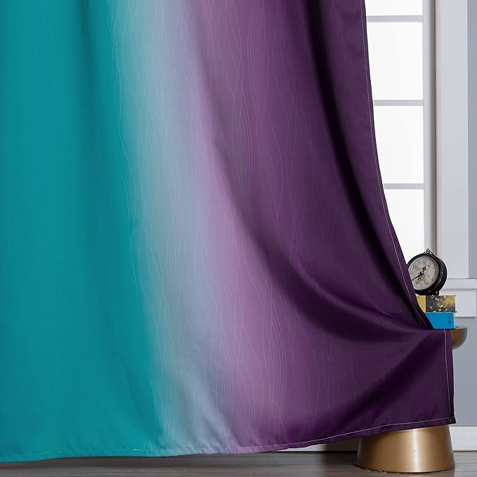 Estelar Textiler Ombre Teal and Purple Blackout Curtains 54 Inch Length 2 panels, Grommet Thermal Insulated Gradient Drapes for Kids Room, Full Light Blocking Blackout Curtains for Bedroom, 52x54 Inch