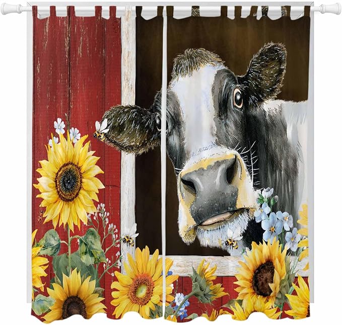 Cows Sunflowers Living Room Curtains 84 Inch Length, Window Curtains Tab Top by Unknown