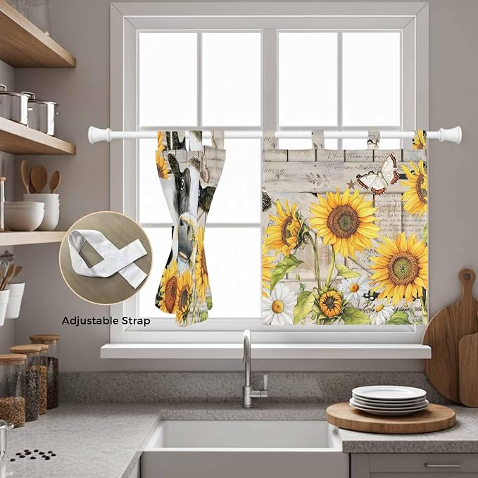 Yellow Sunflowers Kitchen Curtains 24 Inch Length, Small Window Curtains Tab Top - Image 5