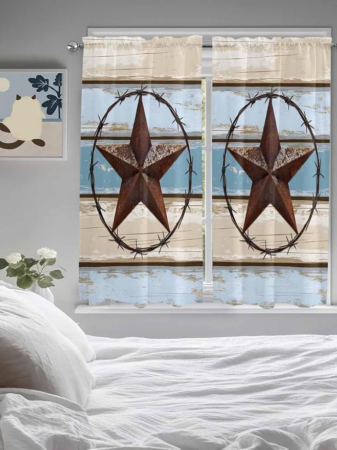 Vintage Western Star on Wood Grain Window Valance Curtains, Retro Wooden - Image 4