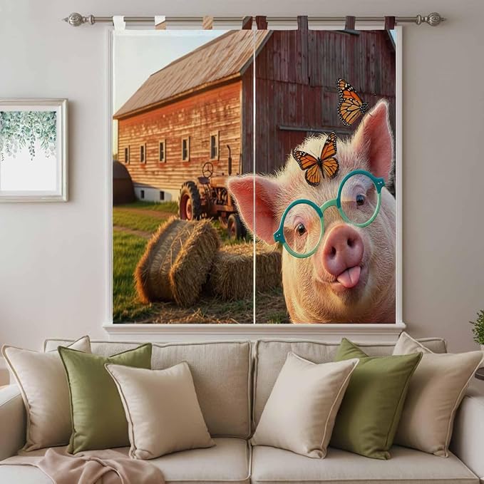 Farm Pig Bathroom Curtains 63 Inch Length, Window Curtains Tab Top, Farmhouse - Image 9
