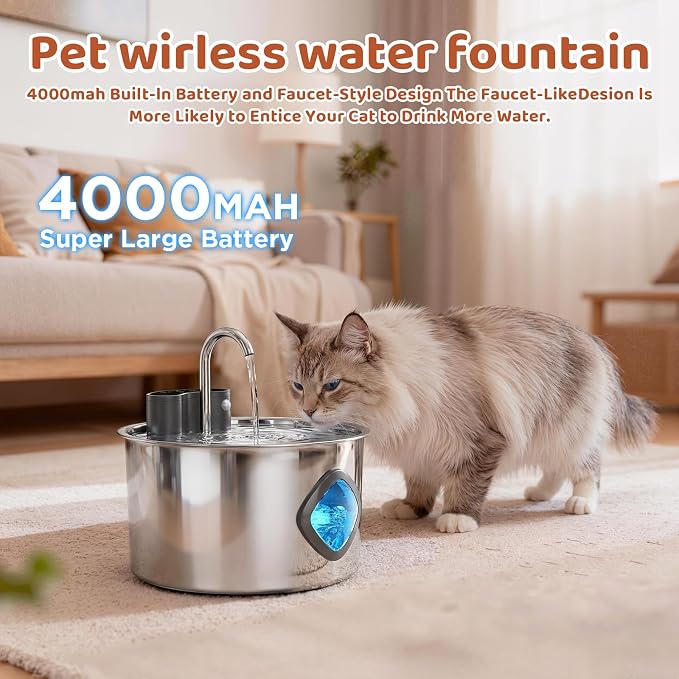 3.2L Wireless Pet Water Fountain, 4000mAh Rechargeable Stainless Steel Dispenser - Image 4