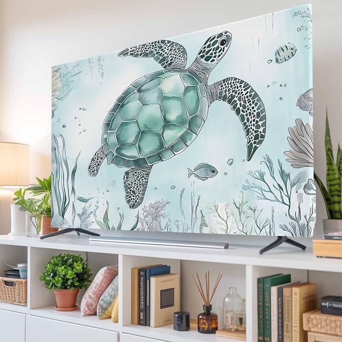 Sea Turtle Ocean Seaweed Cyan Indoor TV Cover, Elastic TV Screen Protector Fish - Image 6