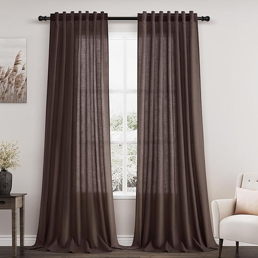 Coffee Linen Textured 96 Inch Curtains 2 Panel Set Back Tab Rod Pocket Sheer Light Filtering Boho Room Decor Aesthetic Curtains Burlap Look Curtain Drapes for Living Room Bedroom 8Ft 52x96 Inch
