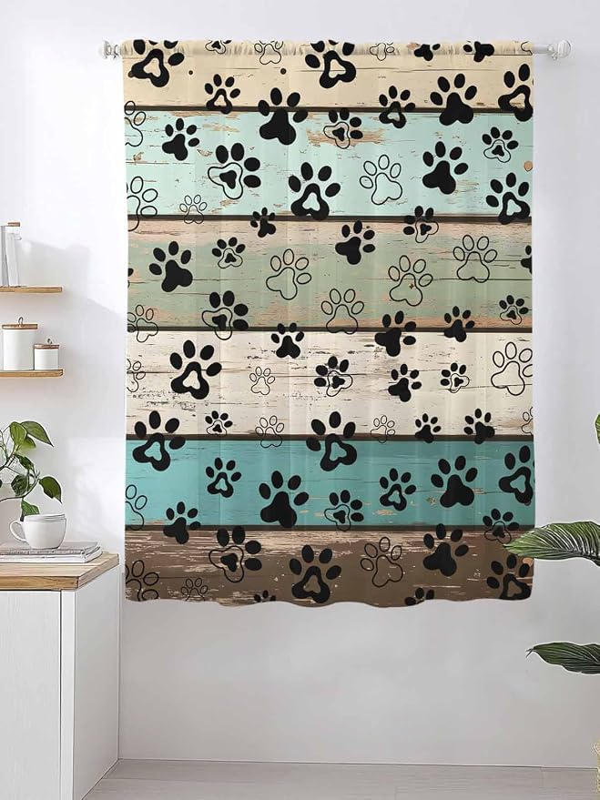 Sheer Curtains 63 Inch Length, Sage Green Brown Paw Prints Semi Sheer Curtains - Image 2