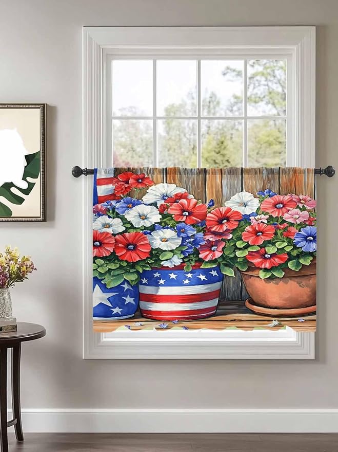 Sheer Curtains 45 Inch Length, Retro Independence Day Flag Wood Grain Privacy - Image 2