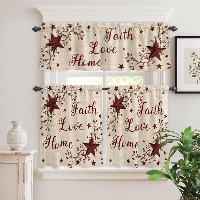 Kitchen Curtains Tiers and Valance Set of 3, Vintage Country Light Filtering - Image 2