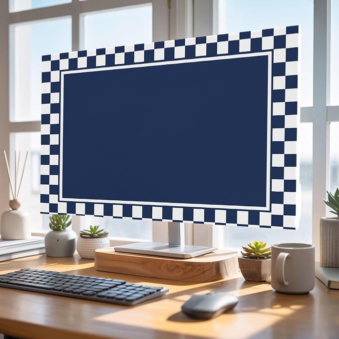 Abstract Navy Blue Check Indoor TV Cover, Elastic TV Screen Protector Modern - Image 4
