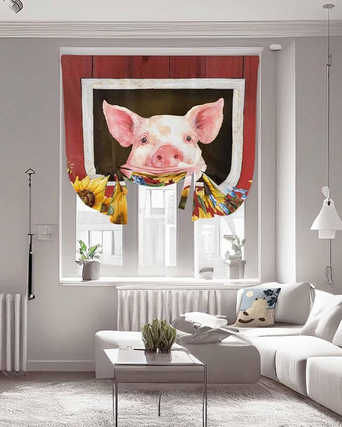 Tie Up Curtains for Windows, Pigs Sunflowers Adjustable Balloon Nature Linen - Image 3