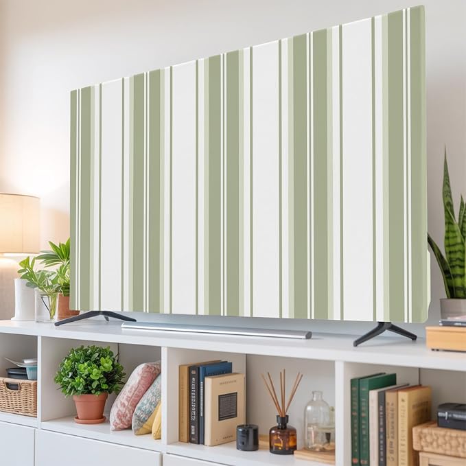 Vertical Green Stripes Indoor TV Cover, Elastic TV Screen Protector Minimalist - Image 6