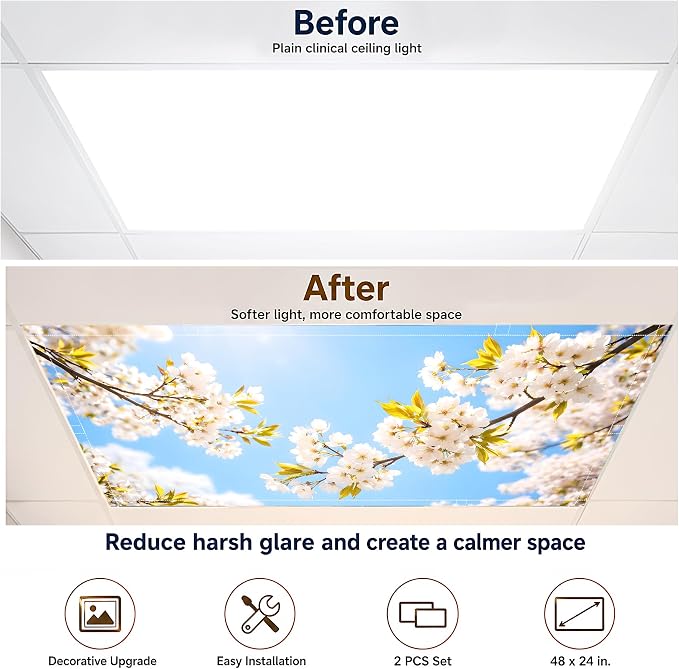 2 Pack Sunny Spring Blossom Decorative Ceiling Light Covers, Magnetic 4x2 Ft - Image 5