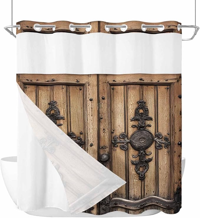Wood Barn Door No Hook Shower Curtain by HELLOWINK
