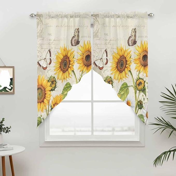 Farm Sunflowers Swag Valances for Windows, Retro Flowers Butterfly Botanical - Image 3