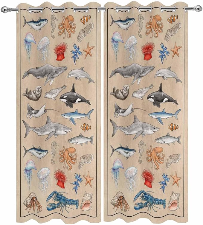 Vintage Outdoor Curtains for Patio Sharks Whales Lobsters Biographies - Image 9