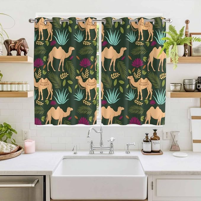 2 Panel Kitchen Cafe Curtains, Retro Desert Camel Sunlight Filtering Nature Air - Image 2