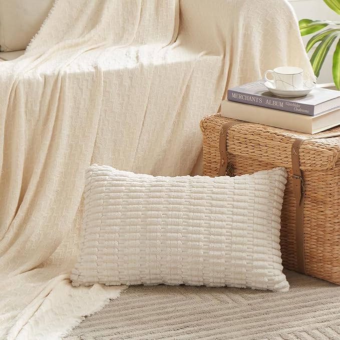 Fancy Homi 4 Packs Boho Cream Decorative Throw Pillow Covers 16x24 Inch for Living Room Couch Bed Sofa, Rustic Modern Farmhouse Home Decor, Soft Plush Corduroy Beige Cute Square Cushion Case 40x60 cm