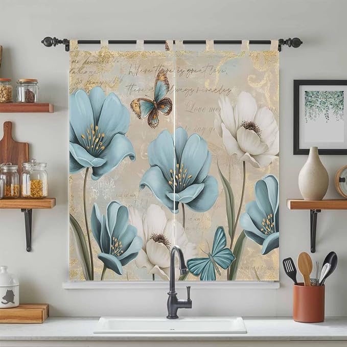 Spring Flowers Bathroom Curtains 63 Inch Length, Window Curtains Tab Top - Image 3