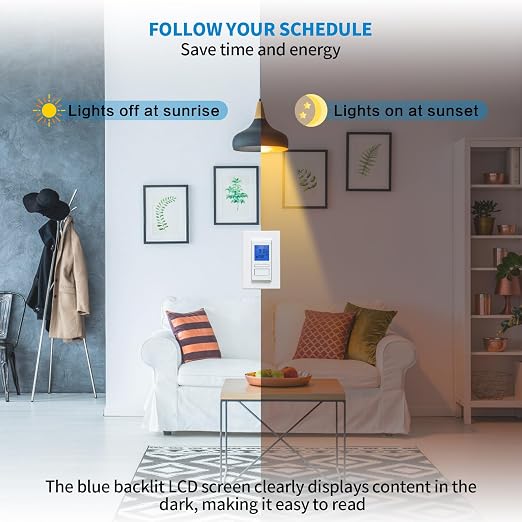 Ortis 7-Day Programmable in-Wall Timer Switch, Auto On/Off at Sunrise/Sunset - Image 3