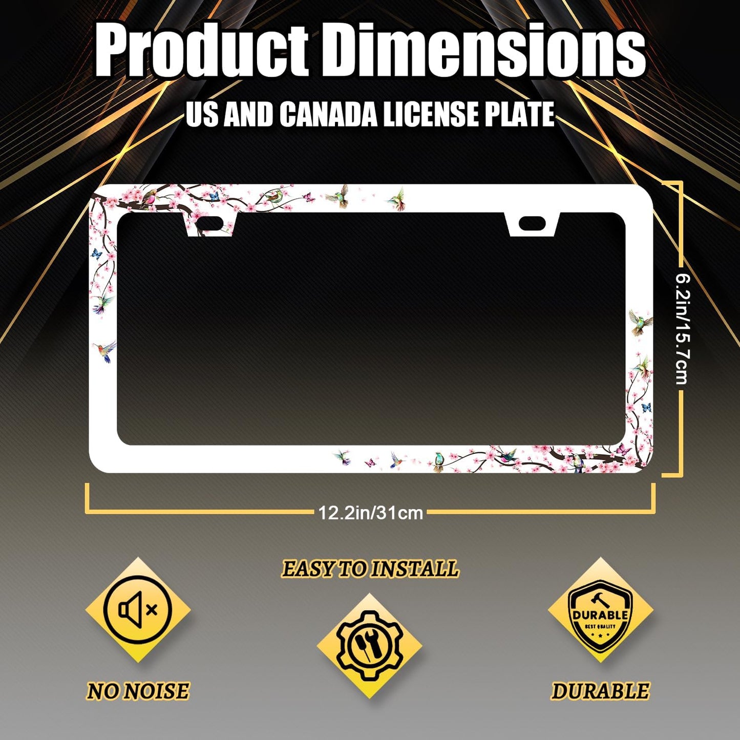 Hummingbird License Plate Frame Cherry Blossom Pink Flower License Plate Holder Colorful License Plate for Car Decoration Stainless Steel Bird Car Accessories with Screws Women 12.3"x6.3"