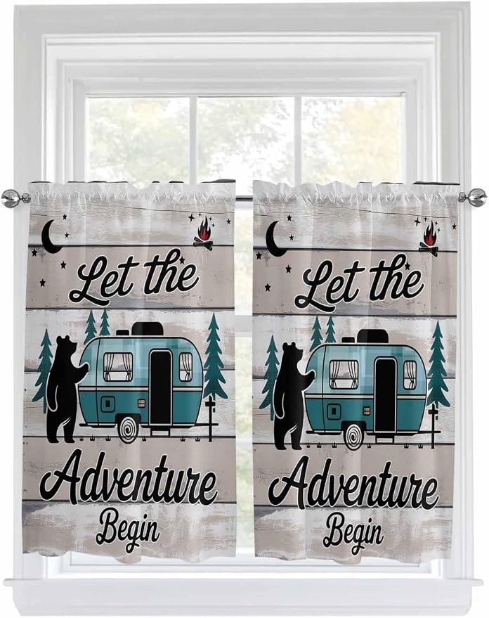 Farmhouse Bear Camper Van Tree Window Valance Curtains, Vintage Wood Grain - Image 9