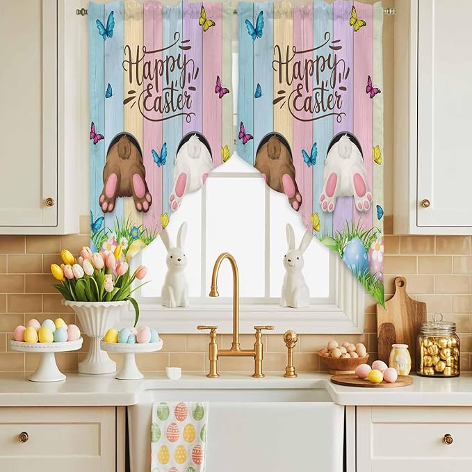 Swag Curtain Valances for Kitchen Windows, Happy Easter Rabbit Butt Egg on - Image 4