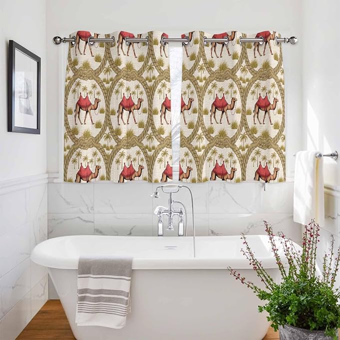 2 Panel Kitchen Cafe Curtains, Camels Palm Trees Sunlight Filtering Nature Air - Image 3