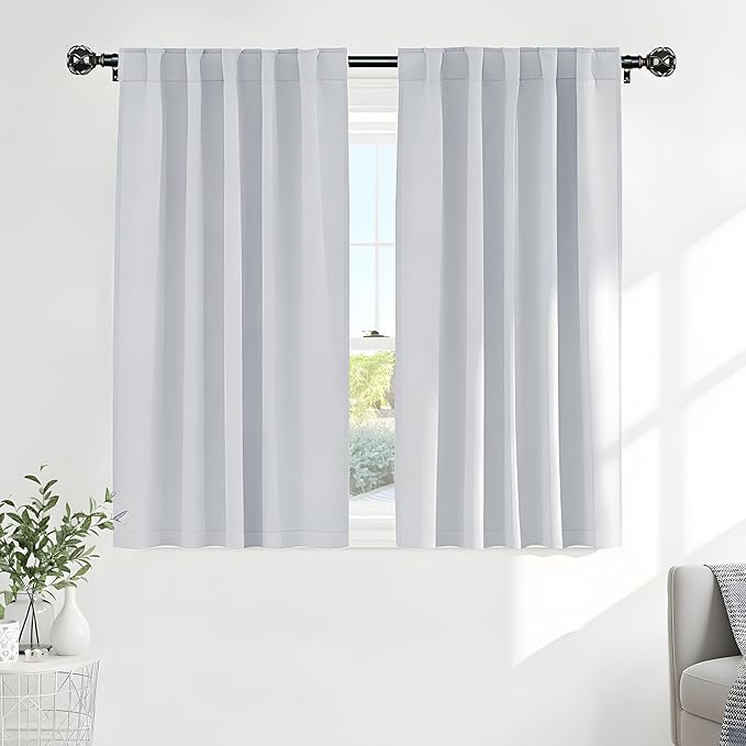 PONY DANCE 60% Light Filtering White Curtain Panels, Kitchen Curtains Room Darkening Energy Saving Short Drapes with Back Tab for Bedroom Home Decor, 34 in Wide by 45 Long, Greyish White, 2 Pieces