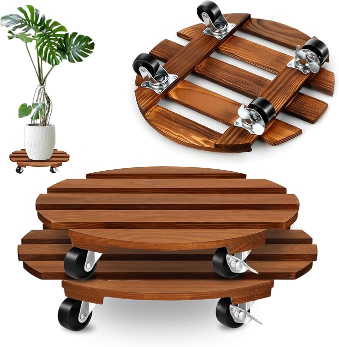 2 Pack Wood Plant Caddy with Wheels Planter Cart Round Plant Rollers Heavy Duty by Unknown