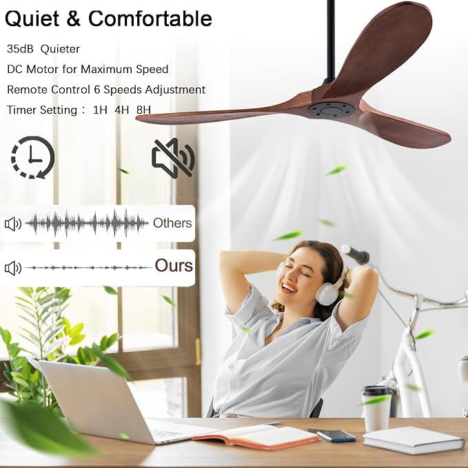 QUTWOB 60" Wood Ceiling Fan, Remote Control, 3 Wooden Blades, Indoor/Outdoor - Image 3