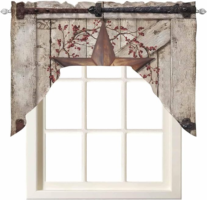 Country Star Swag Kitchen Curtains Valance and Tier Set, VintageRust Yellow - Image 6